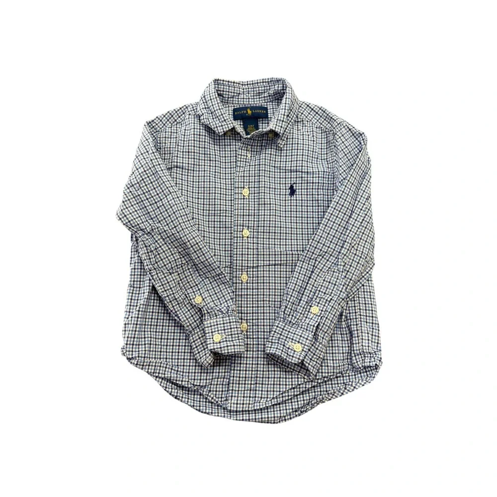 Ralph Lauren Boys Blue White Gingham Check Long Sleeve Button Down Shirt 4 4T